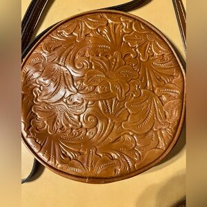 Patricia Nash Tooled Round Crossbody Bag in Cognac Brown EUC W/ COA